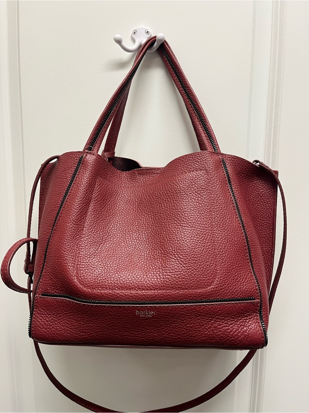 Botkier Burgundy Pebbled Leather Satchel Tote Crossbody Bag Zipper Trim